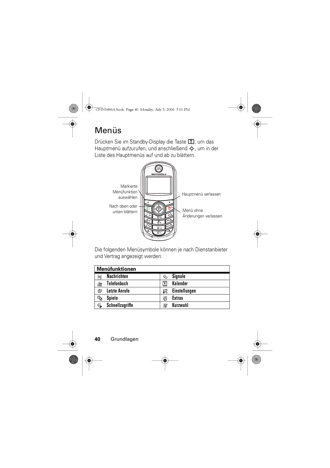 Motorola C140 manual Menüs 