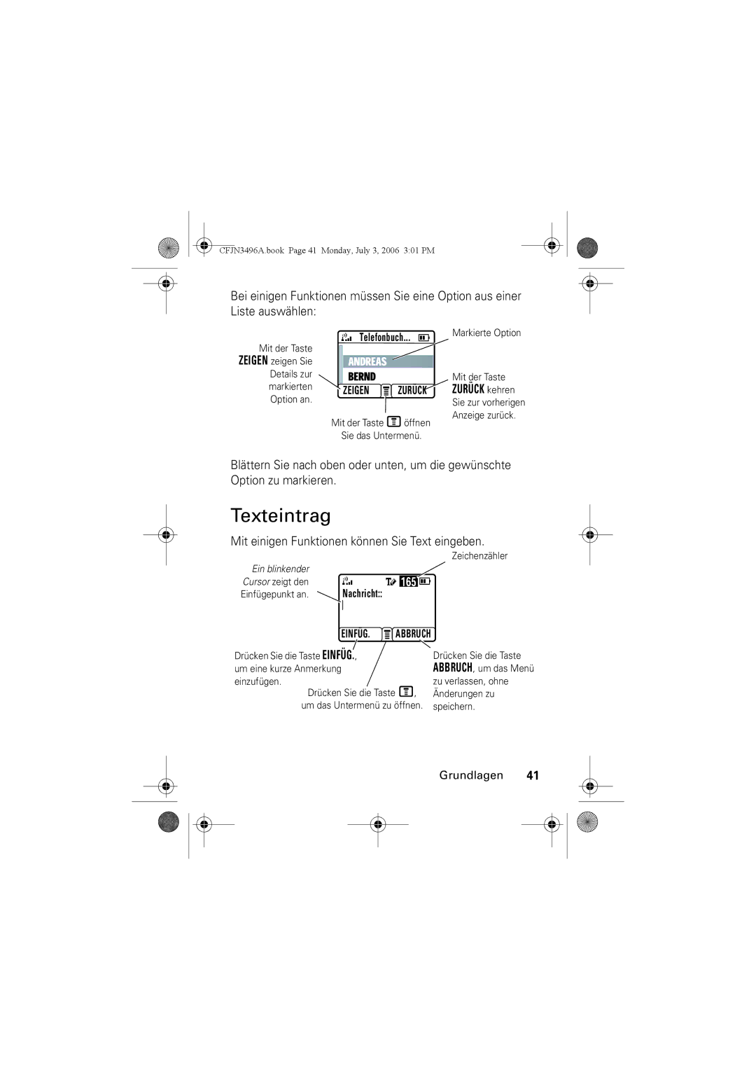 Motorola C140 manual Texteintrag, Mit einigen Funktionen können Sie Text eingeben 