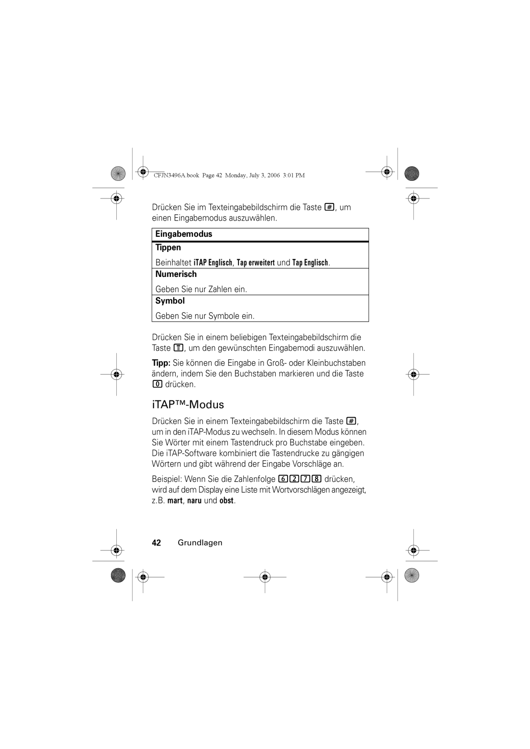 Motorola C140 manual ITAP-Modus, Geben Sie nur Zahlen ein, Geben Sie nur Symbole ein, Drücken 