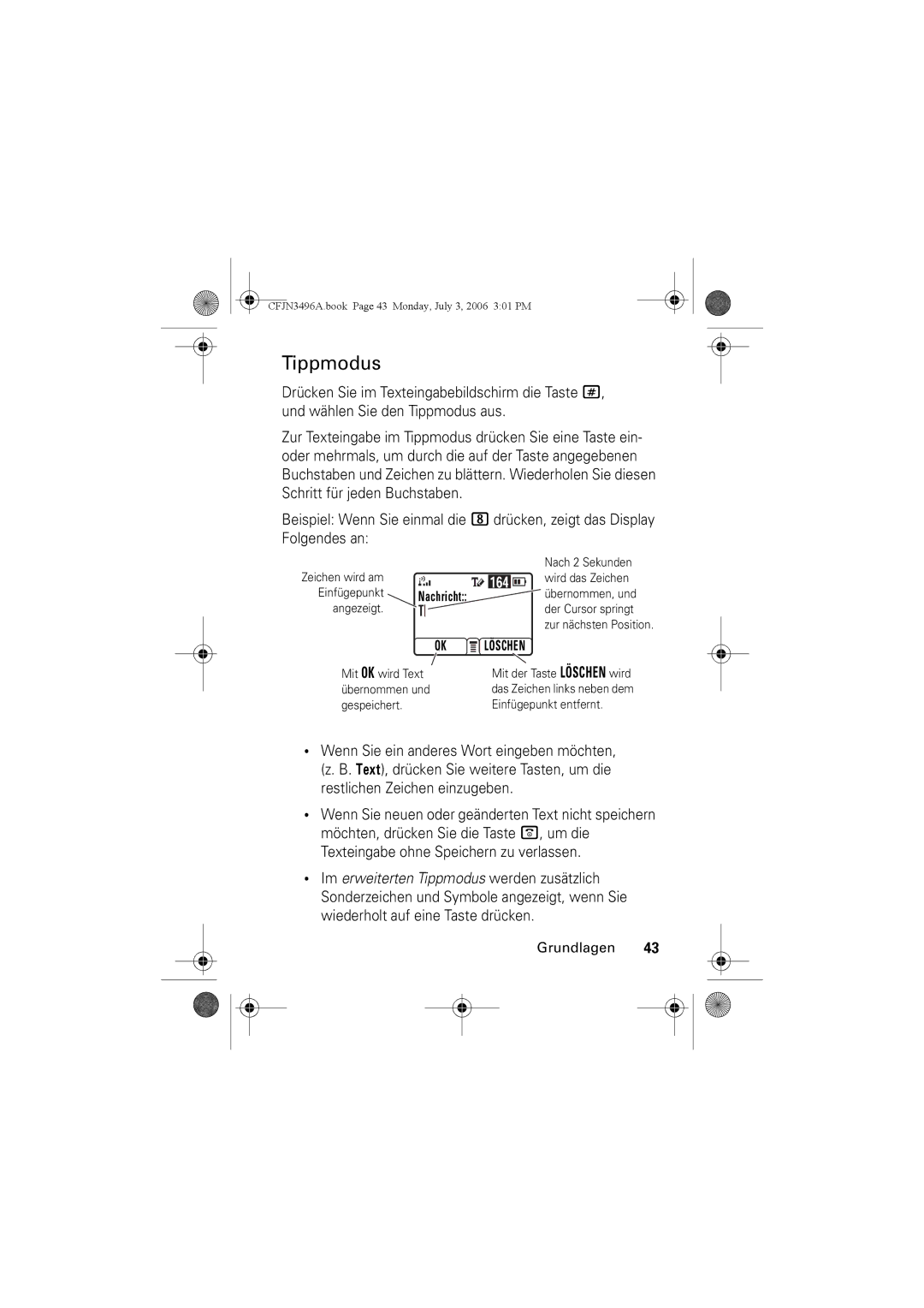 Motorola C140 manual Tippmodus, OK Löschen 