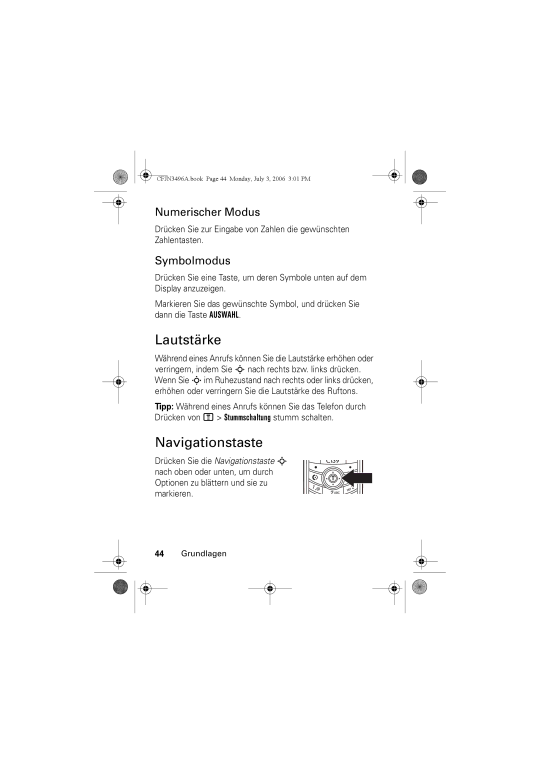 Motorola C140 manual Lautstärke, Navigationstaste, Numerischer Modus, Symbolmodus 