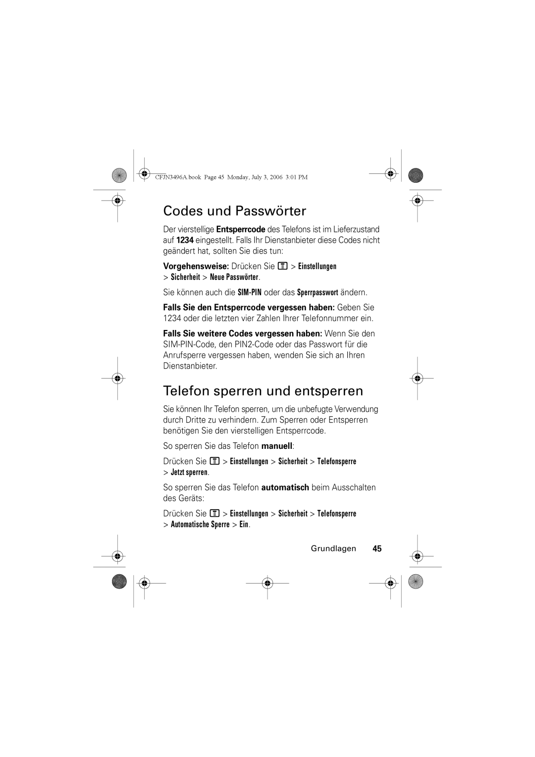 Motorola C140 manual Codes und Passwörter, Telefon sperren und entsperren, So sperren Sie das Telefon manuell 