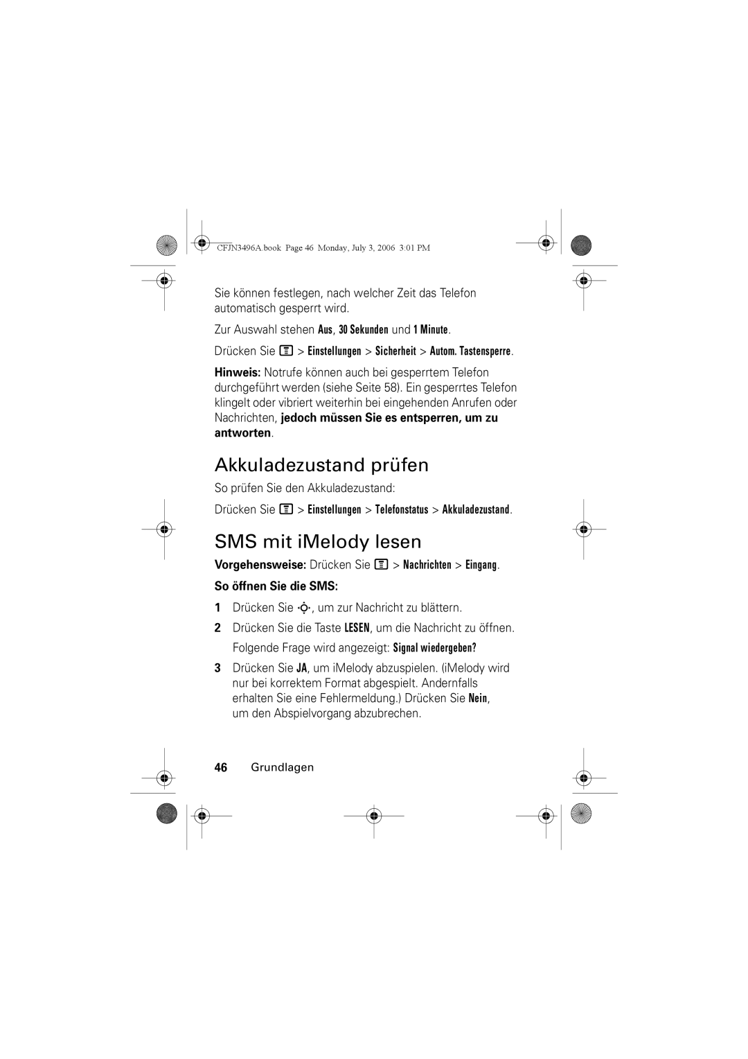 Motorola C140 Akkuladezustand prüfen, SMS mit iMelody lesen, Drücken Sie M Einstellungen Sicherheit Autom. Tastensperre 