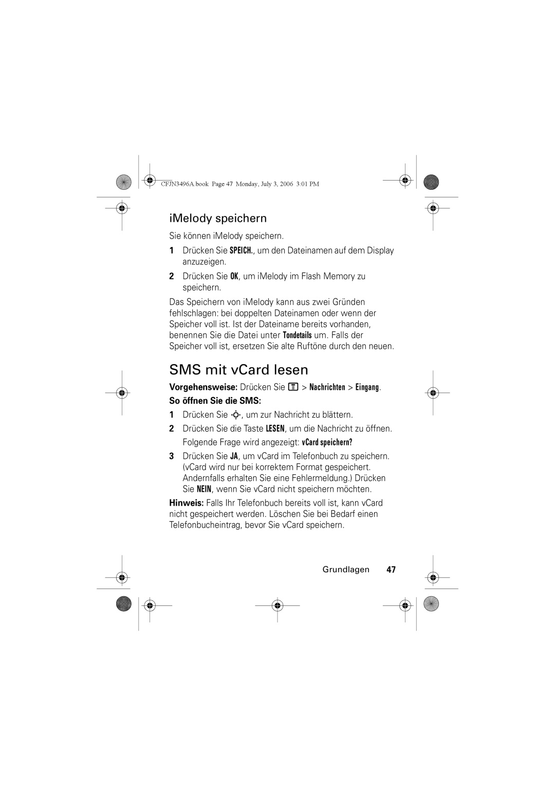 Motorola C140 manual SMS mit vCard lesen, IMelody speichern 