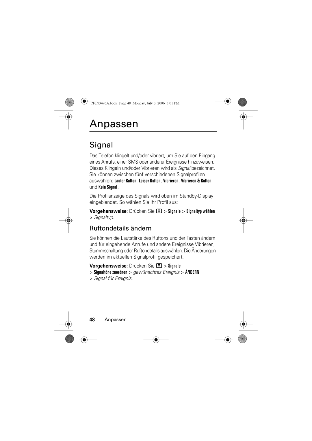 Motorola C140 manual Anpassen, Ruftondetails ändern, Vorgehensweise Drücken Sie M Signale Signaltyp wählen 