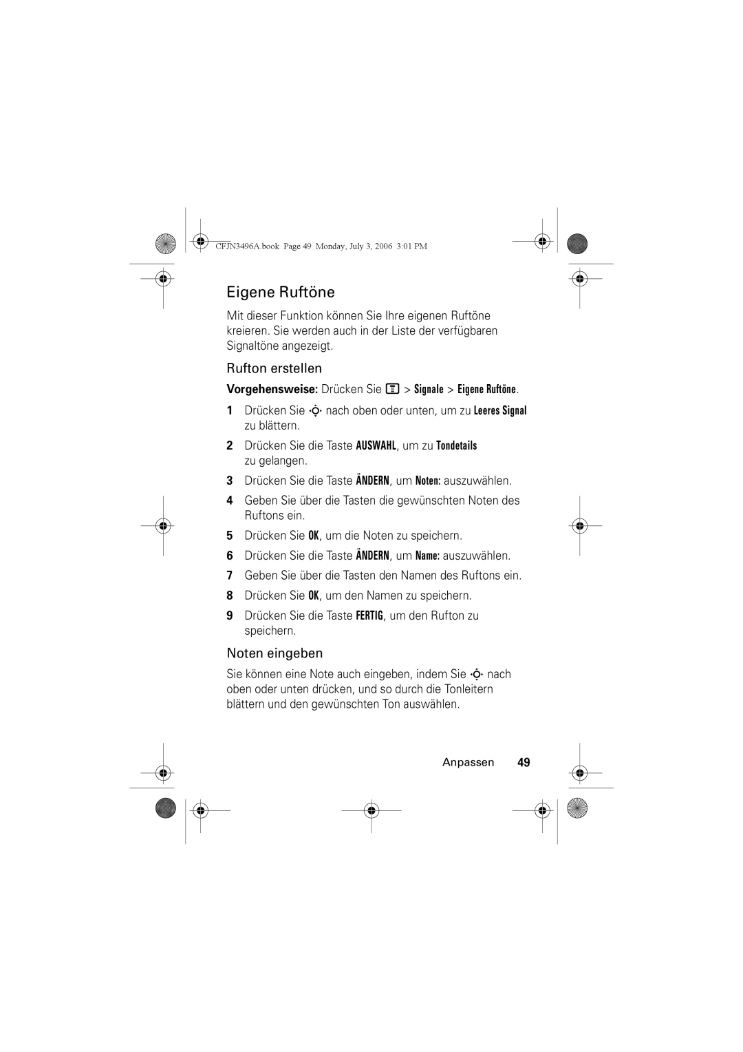 Motorola C140 manual Rufton erstellen, Vorgehensweise Drücken Sie M Signale Eigene Ruftöne 