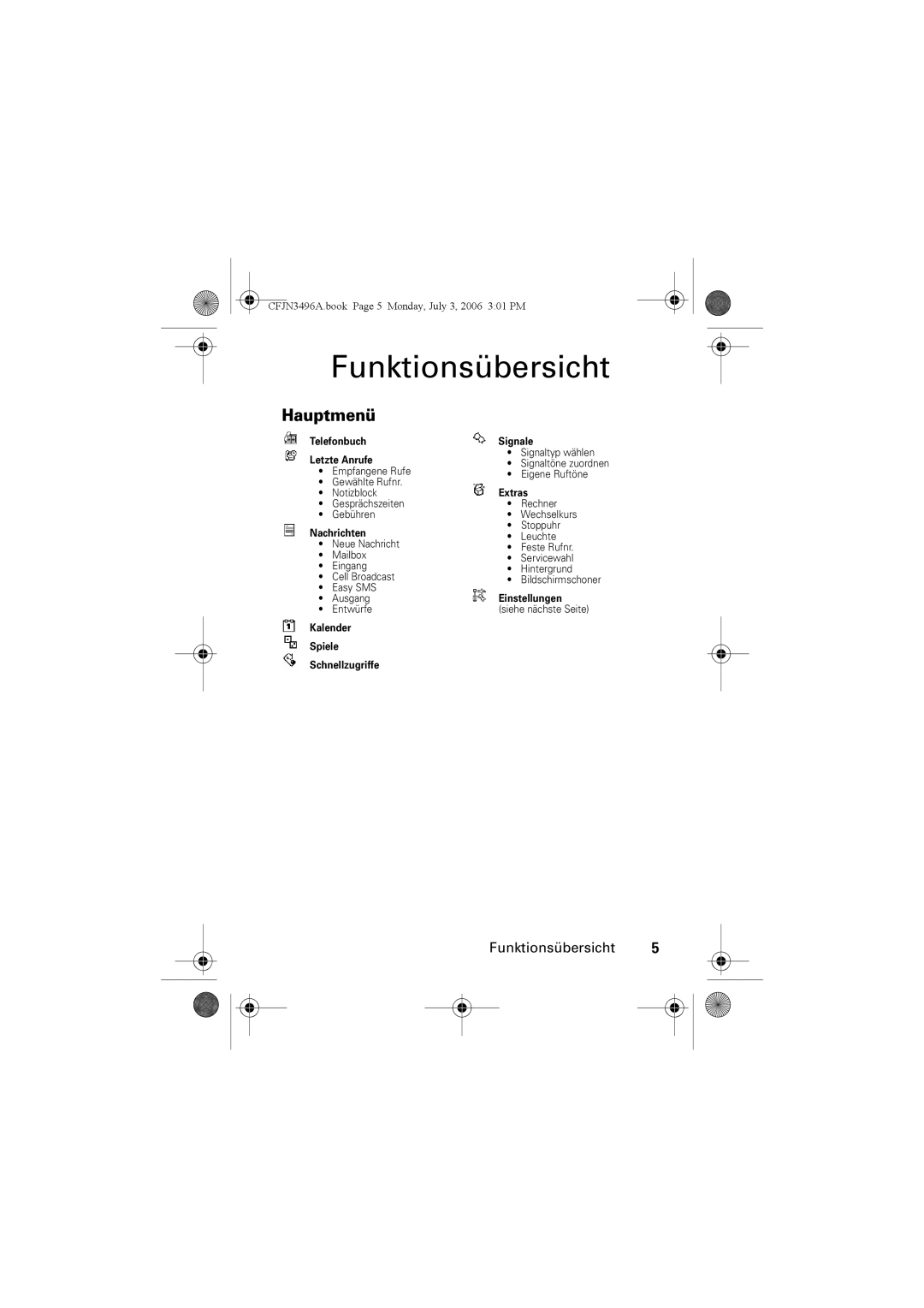 Motorola C140 manual Funktionsübersicht, Hauptmenü 