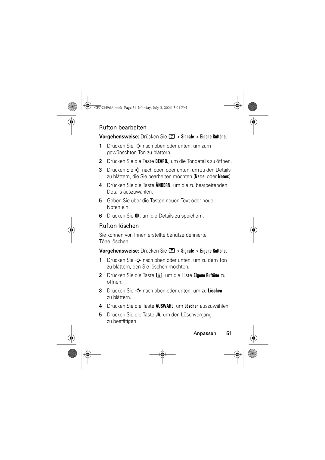 Motorola C140 manual Rufton bearbeiten, Rufton löschen 