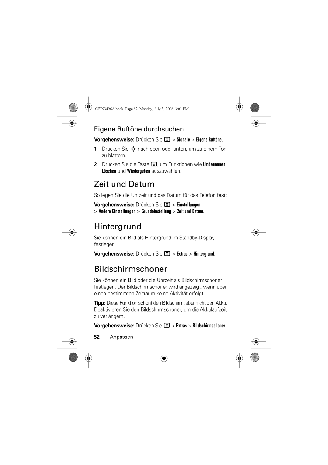 Motorola C140 manual Zeit und Datum, Hintergrund, Bildschirmschoner, Eigene Ruftöne durchsuchen 