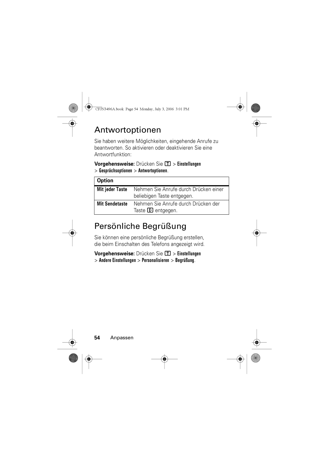 Motorola C140 manual Antwortoptionen, Persönliche Begrüßung 