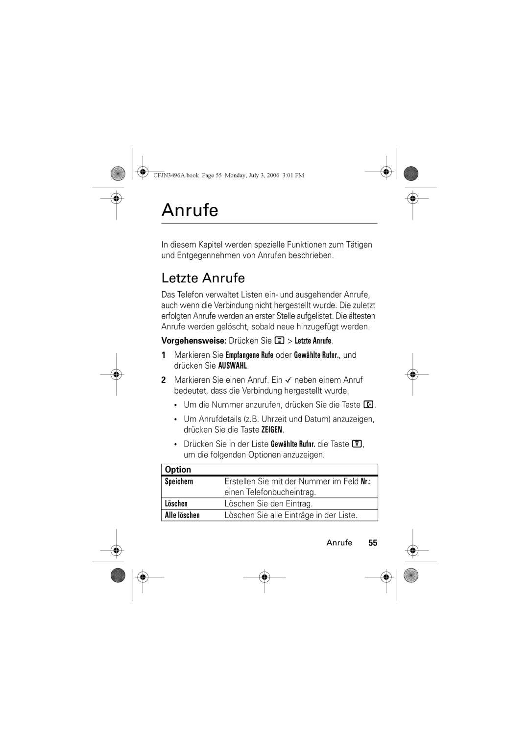 Motorola C140 manual Vorgehensweise Drücken Sie M Letzte Anrufe, Option Speichern 