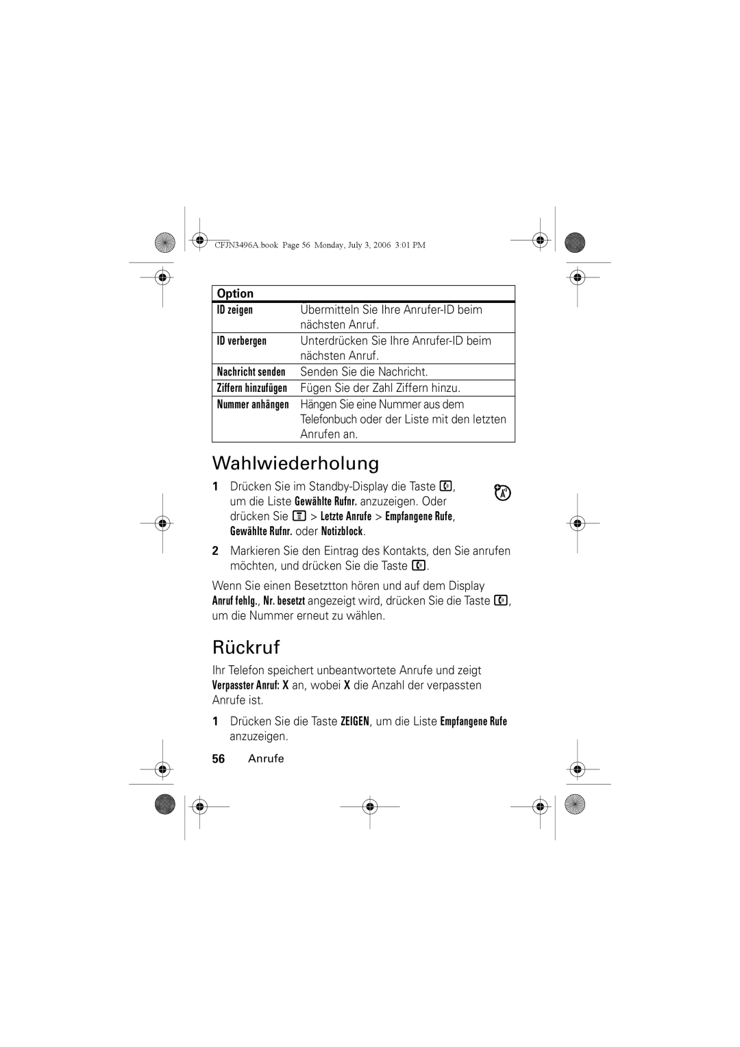 Motorola C140 manual Wahlwiederholung, Rückruf, Option ID zeigen, ID verbergen 