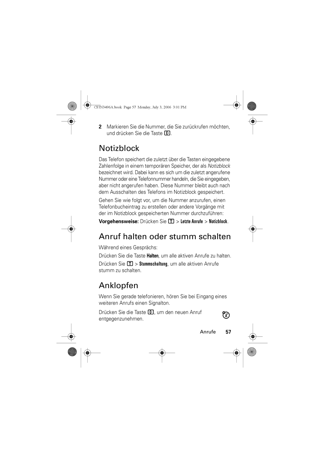 Motorola C140 manual Notizblock, Anruf halten oder stumm schalten, Anklopfen 