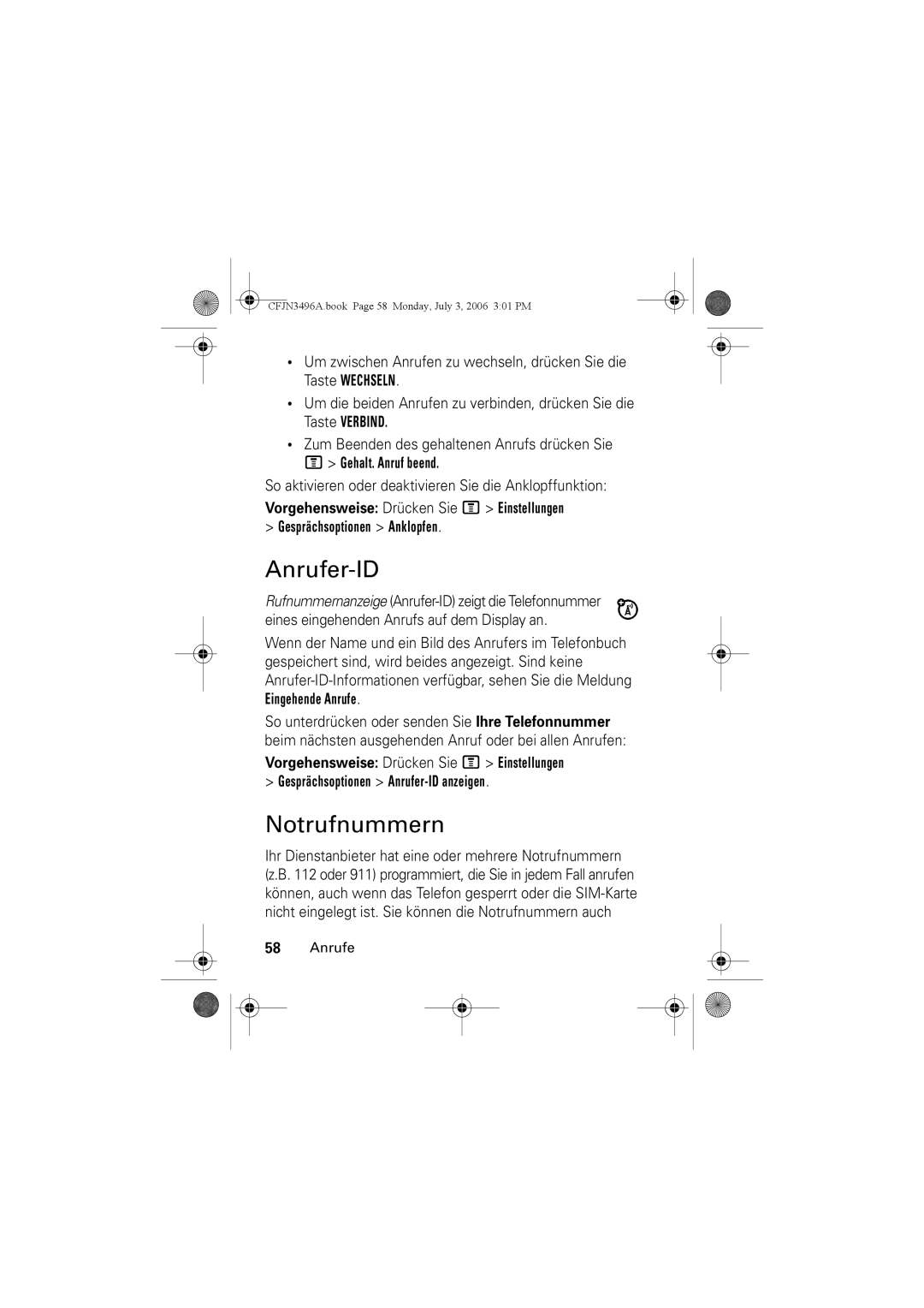 Motorola C140 Anrufer-ID, Notrufnummern, Gehalt. Anruf beend, So aktivieren oder deaktivieren Sie die Anklopffunktion 