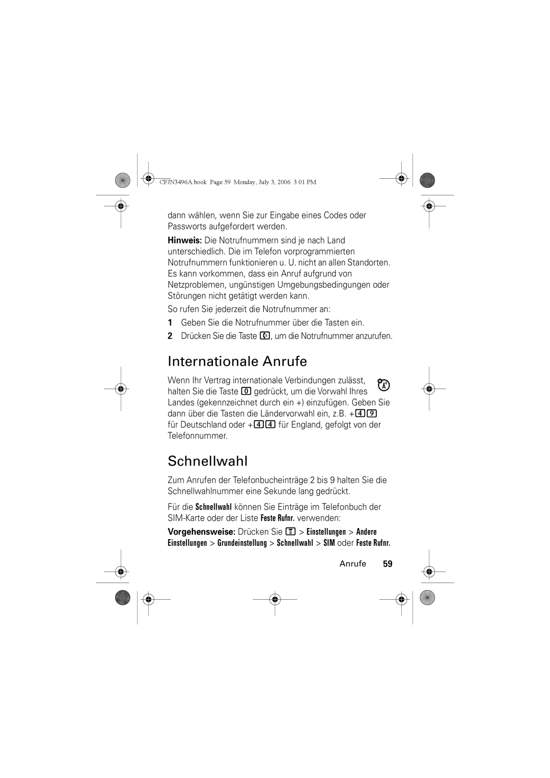 Motorola C140 manual Internationale Anrufe, Schnellwahl 