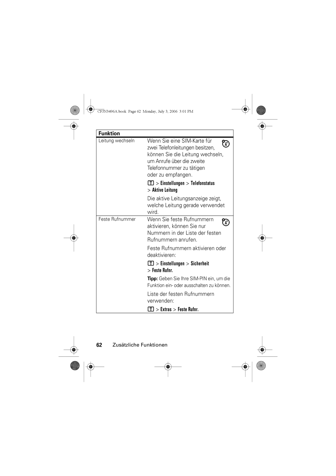 Motorola C140 manual Oder zu empfangen, Liste der festen Rufnummern verwenden, Extras Feste Rufnr 