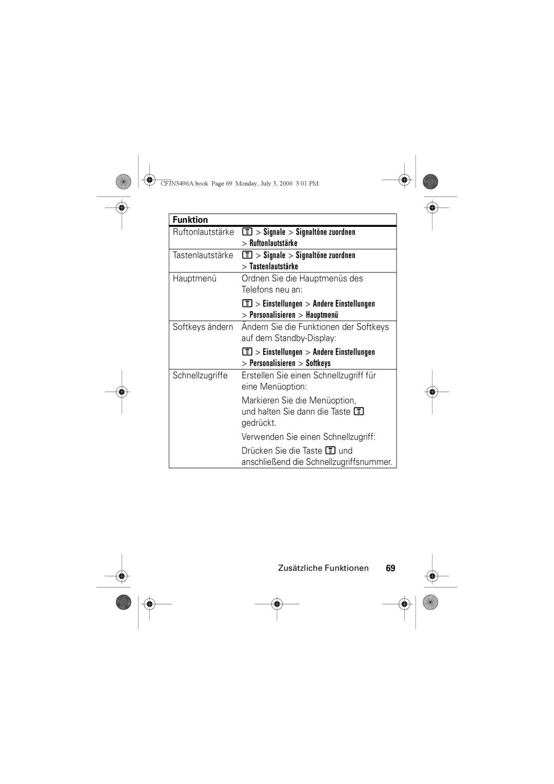 Motorola C140 manual Hauptmenü Ordnen Sie die Hauptmenüs des Telefons neu an, Personalisieren Hauptmenü, Softkeys ändern 