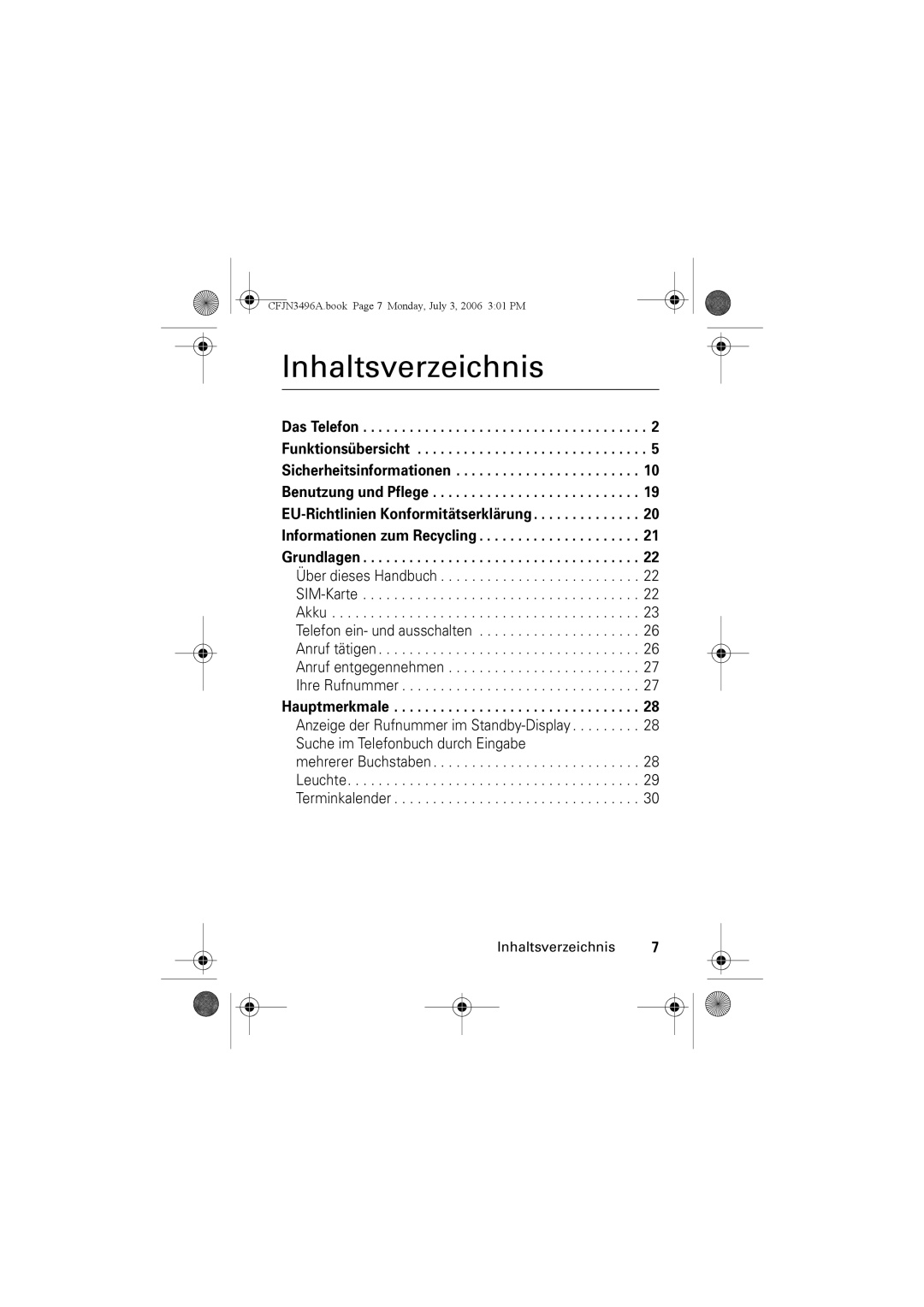 Motorola C140 manual Inhaltsverzeichnis, Hauptmerkmale 