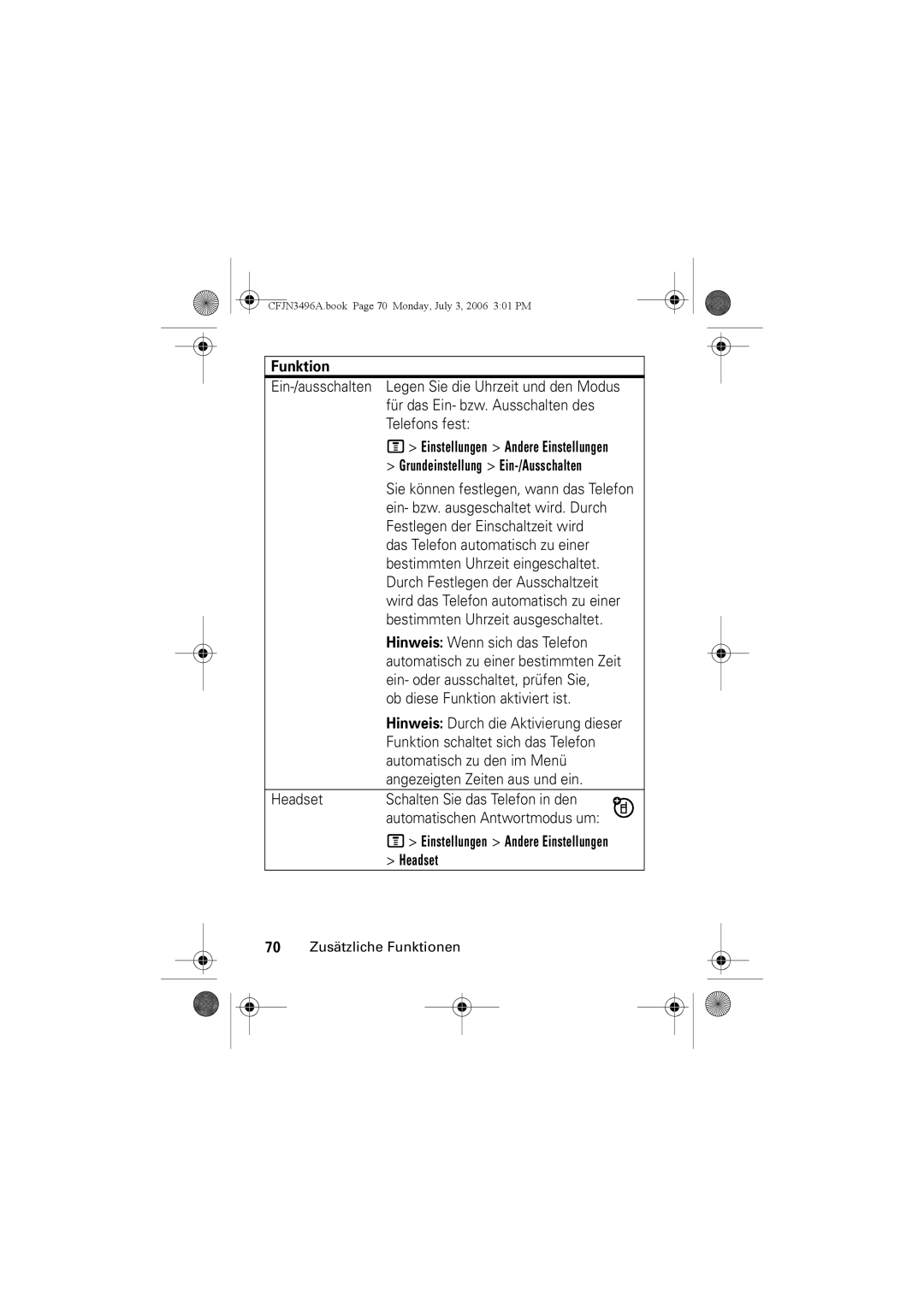 Motorola C140 manual Ob diese Funktion aktiviert ist, Einstellungen Andere Einstellungen Headset 