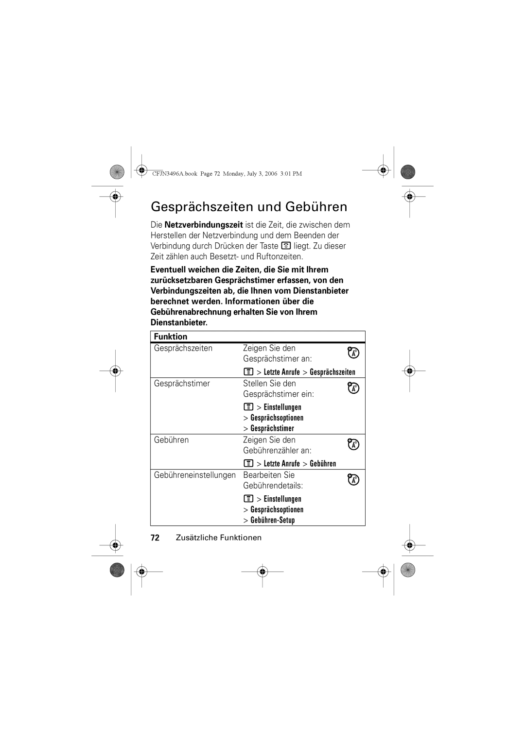 Motorola C140 manual Gesprächszeiten und Gebühren, Gesprächsoptionen, Gesprächstimer, Gebühren-Setup 