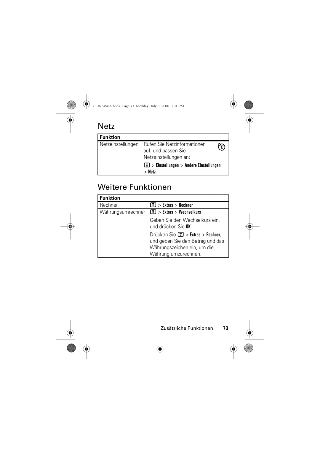 Motorola C140 manual Weitere Funktionen, Einstellungen Andere Einstellungen Netz, Extras Rechner, Extras Wechselkurs 