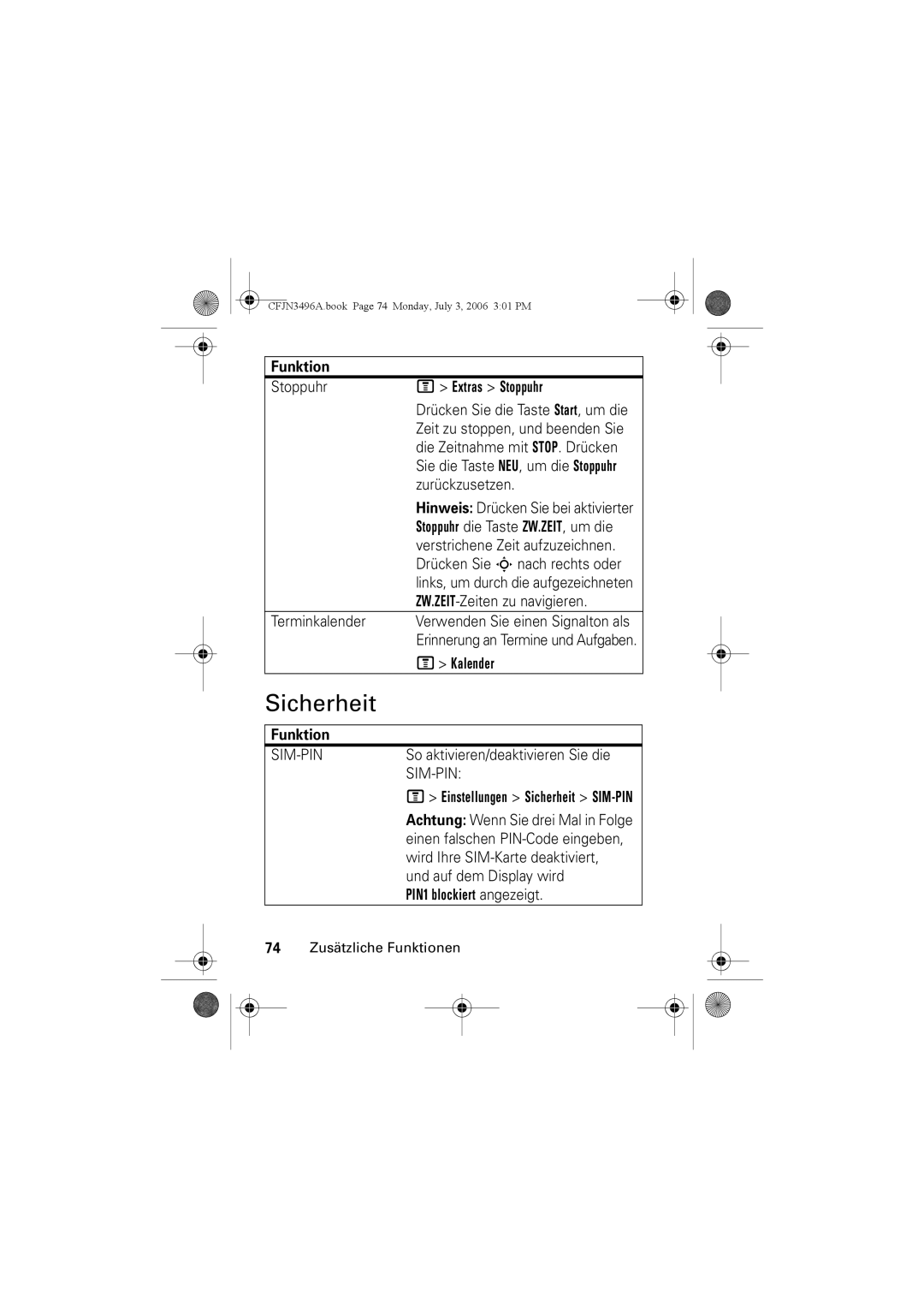 Motorola C140 manual Sicherheit, Extras Stoppuhr, PIN1 blockiert angezeigt 