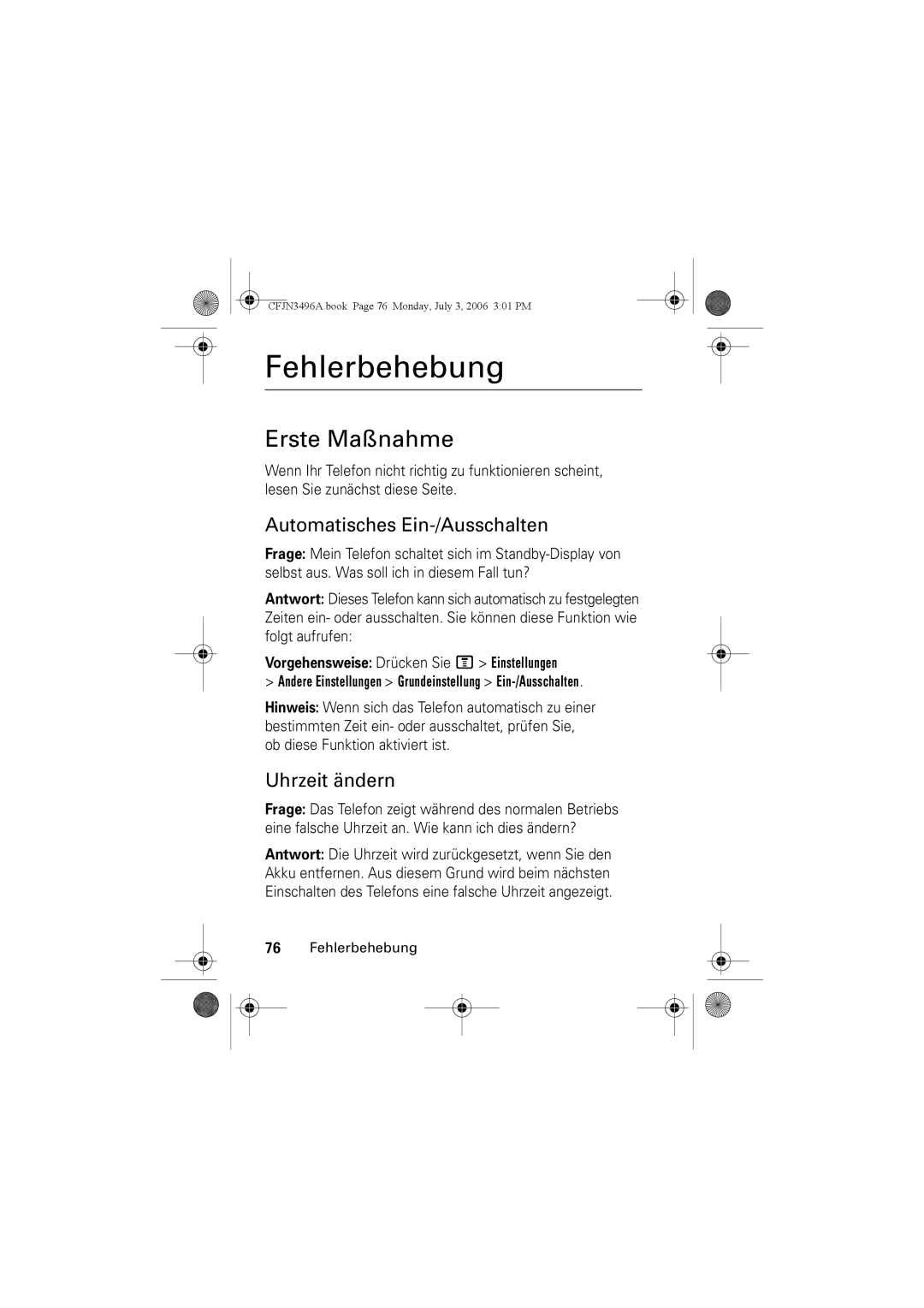 Motorola C140 manual Fehlerbehebung, Erste Maßnahme, Automatisches Ein-/Ausschalten, Uhrzeit ändern 