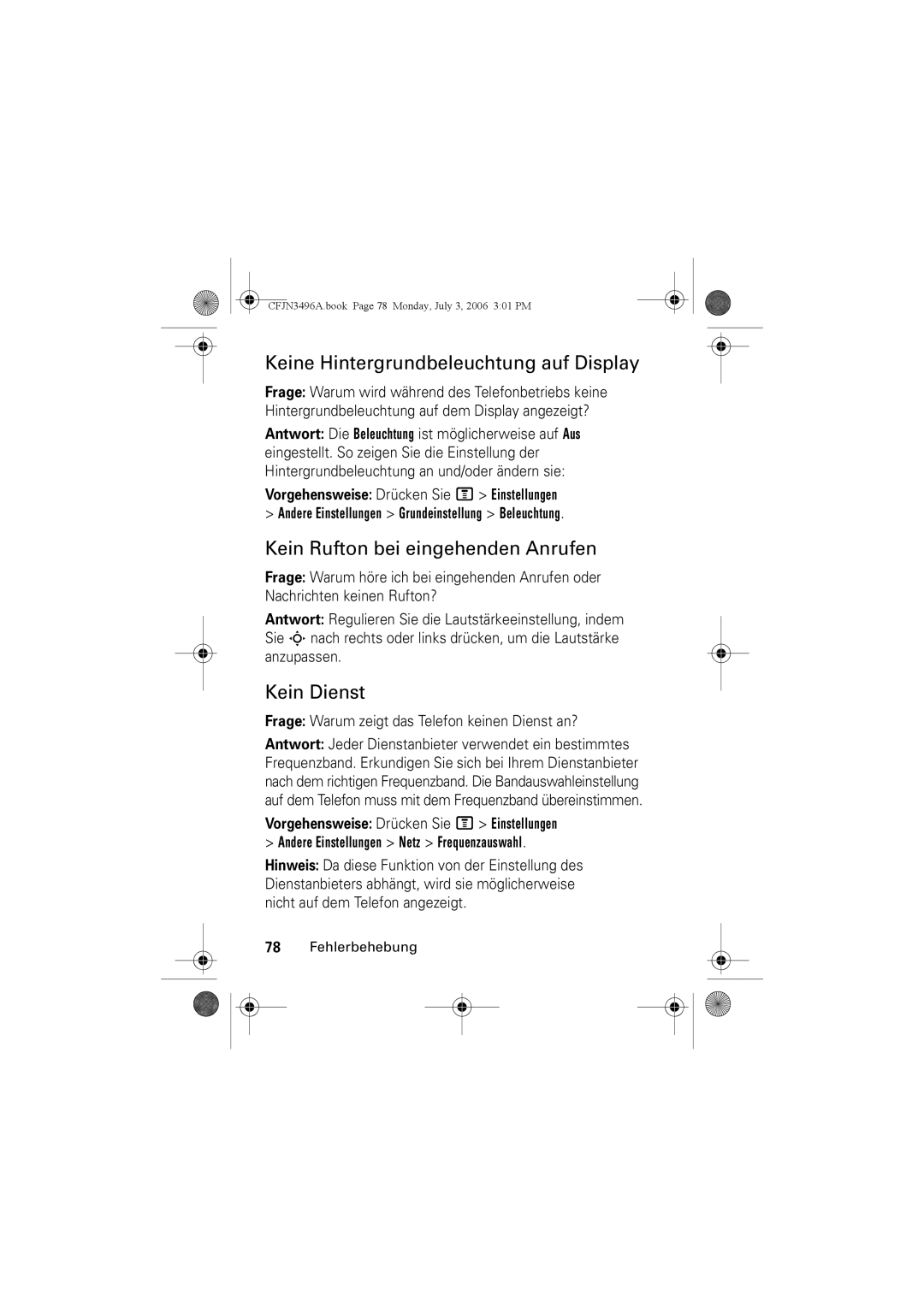 Motorola C140 manual Keine Hintergrundbeleuchtung auf Display, Kein Rufton bei eingehenden Anrufen, Kein Dienst 