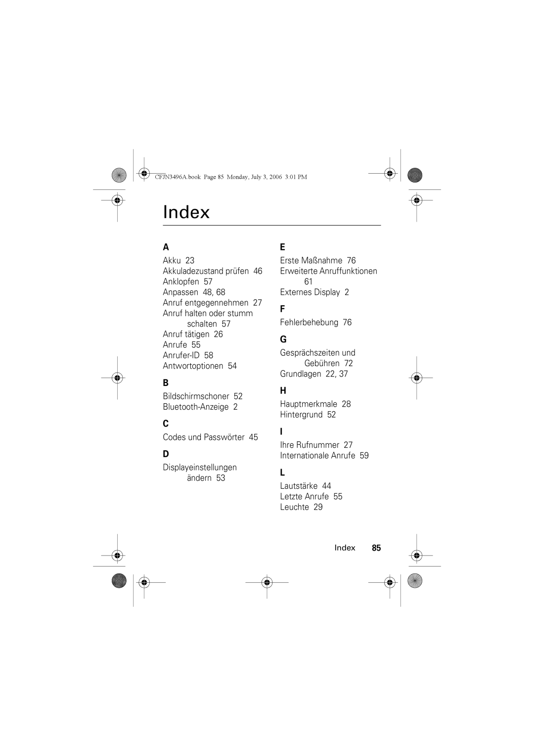 Motorola C140 manual Index, Codes und Passwörter 