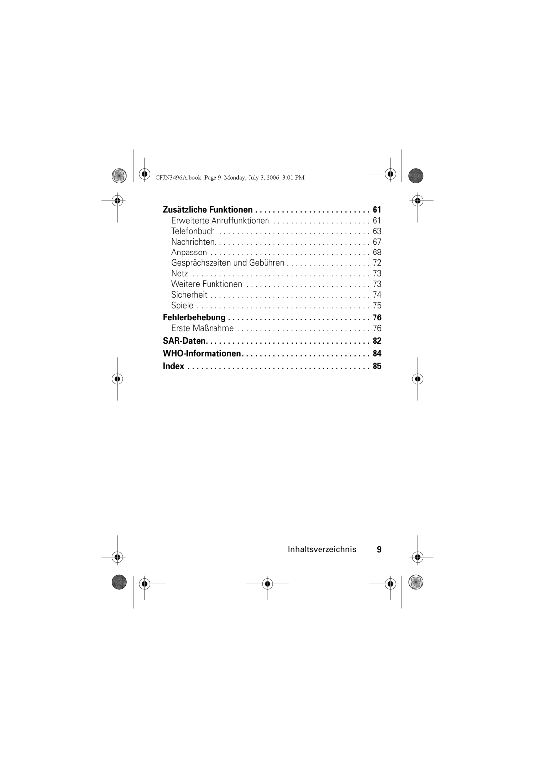 Motorola C140 manual Zusätzliche Funktionen, Fehlerbehebung, Erste Maßnahme, SAR-Daten WHO-Informationen Index 