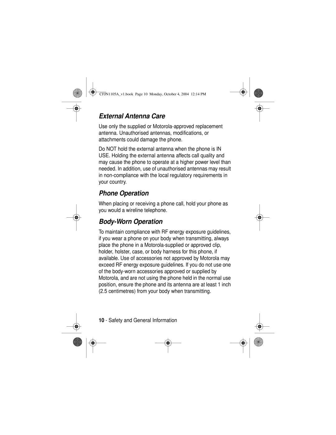 Motorola C156, C155 manual External Antenna Care, Phone Operation, Body-Worn Operation 