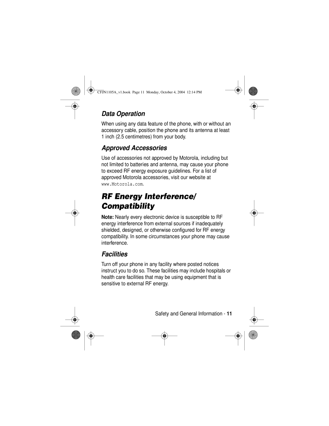 Motorola C155, C156 manual RF Energy Interference Compatibility, Data Operation, Approved Accessories, Facilities 