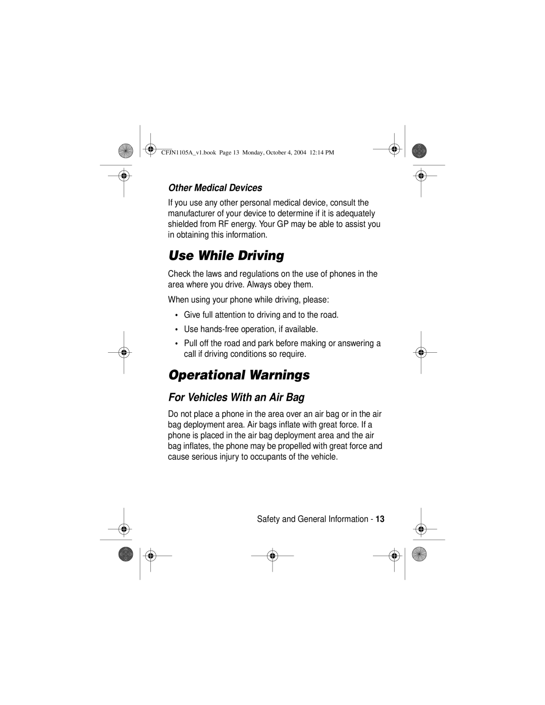 Motorola C155, C156 manual Use While Driving, Operational Warnings, For Vehicles With an Air Bag 