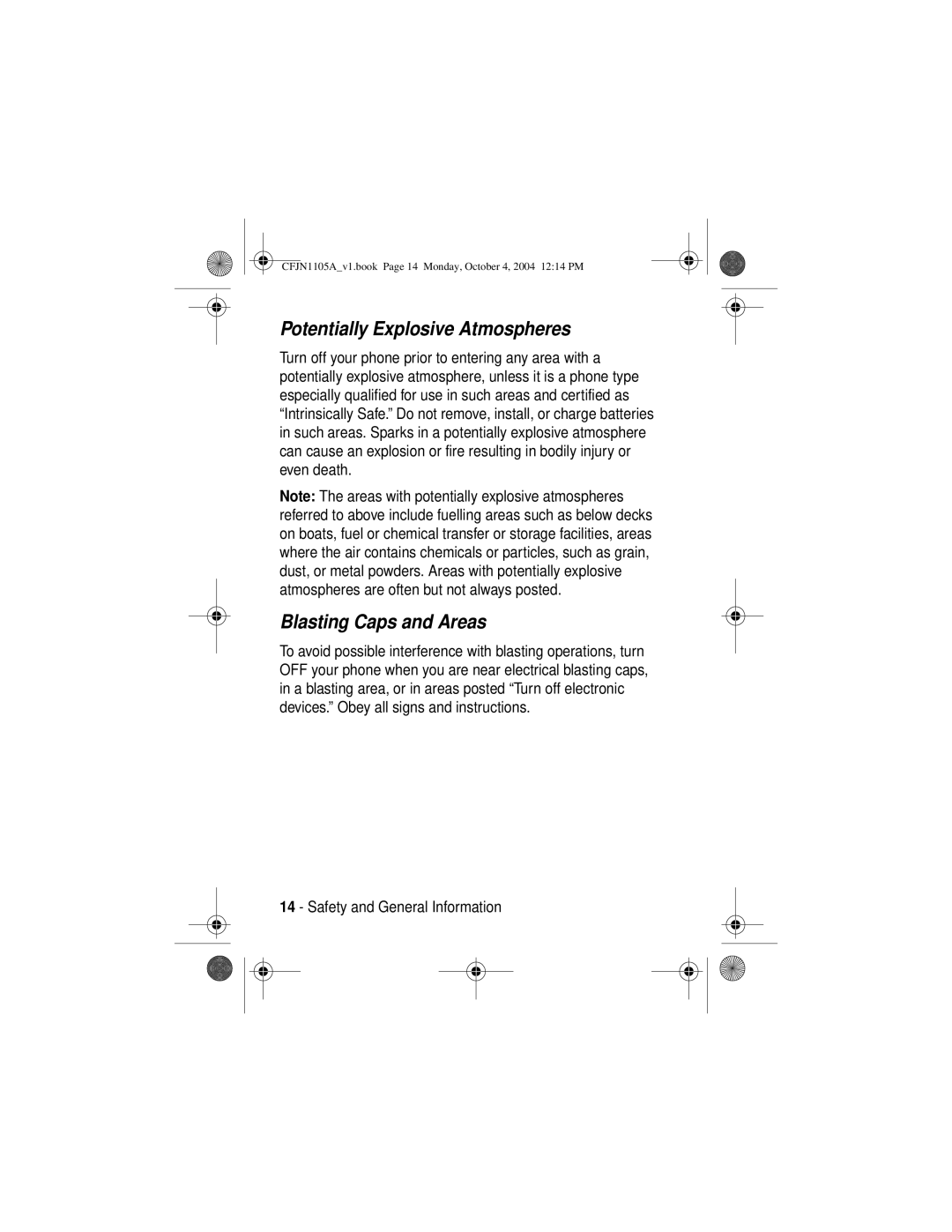 Motorola C156, C155 manual Potentially Explosive Atmospheres, Blasting Caps and Areas 