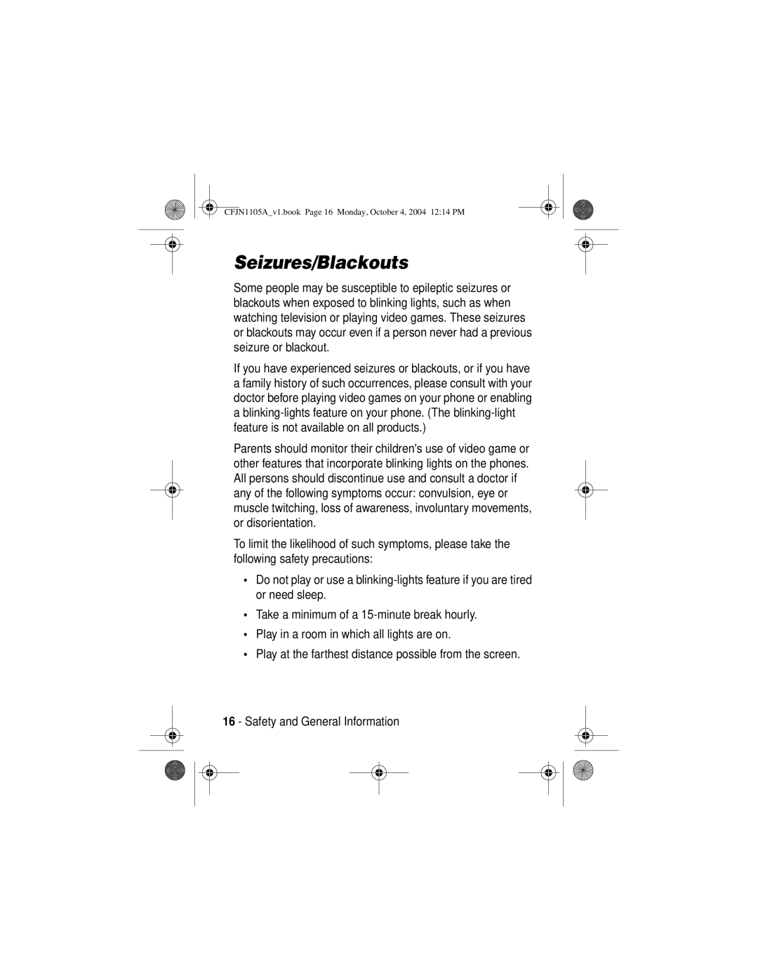 Motorola C156, C155 manual Seizures/Blackouts 