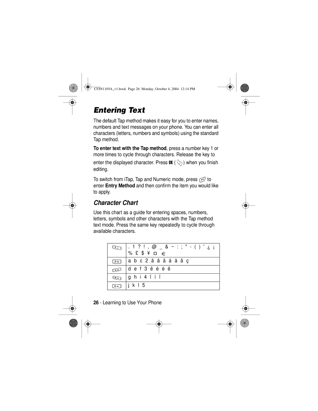 Motorola C156, C155 manual Entering Text, Character Chart 