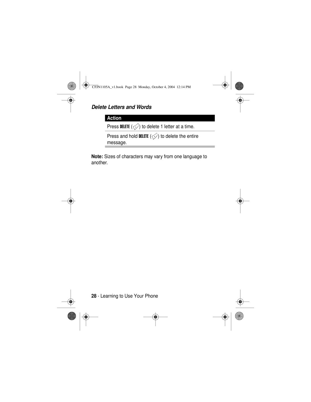 Motorola C156, C155 manual Delete Letters and Words, Action 