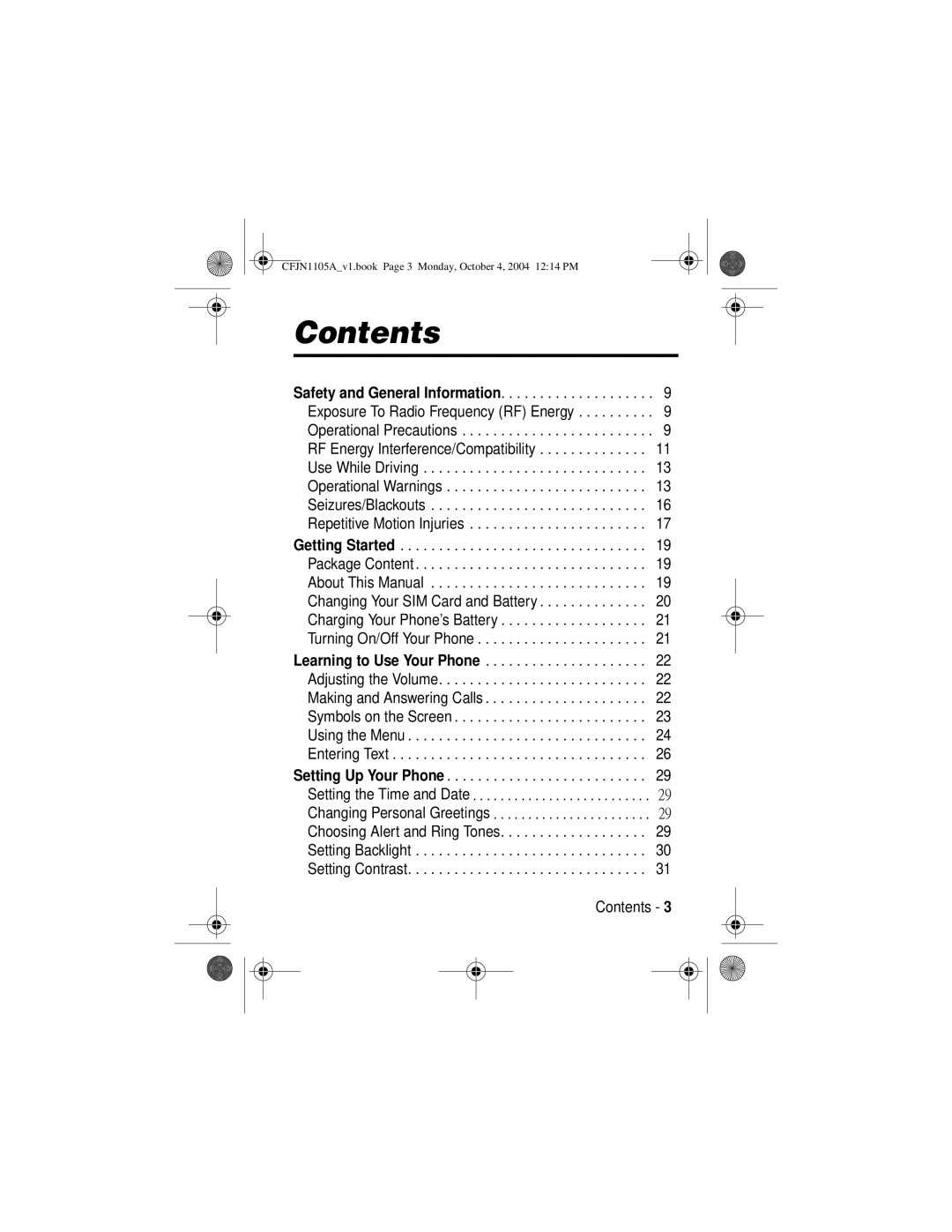 Motorola C155, C156 manual Contents 