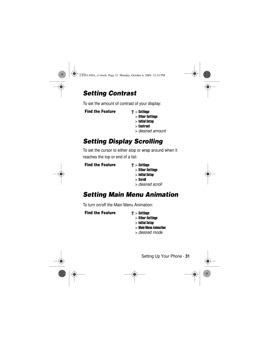 Motorola C155, C156 manual Setting Contrast, Setting Display Scrolling, Setting Main Menu Animation 