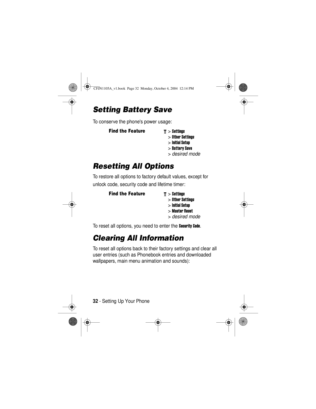 Motorola C156, C155 manual Setting Battery Save, Resetting All Options, Clearing All Information 