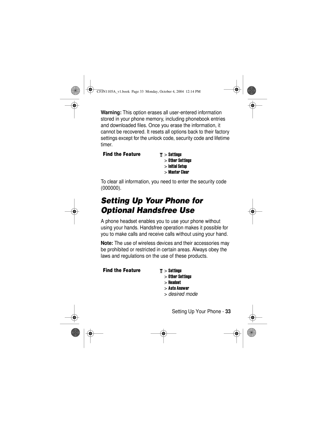 Motorola C155, C156 manual Setting Up Your Phone for Optional Handsfree Use 