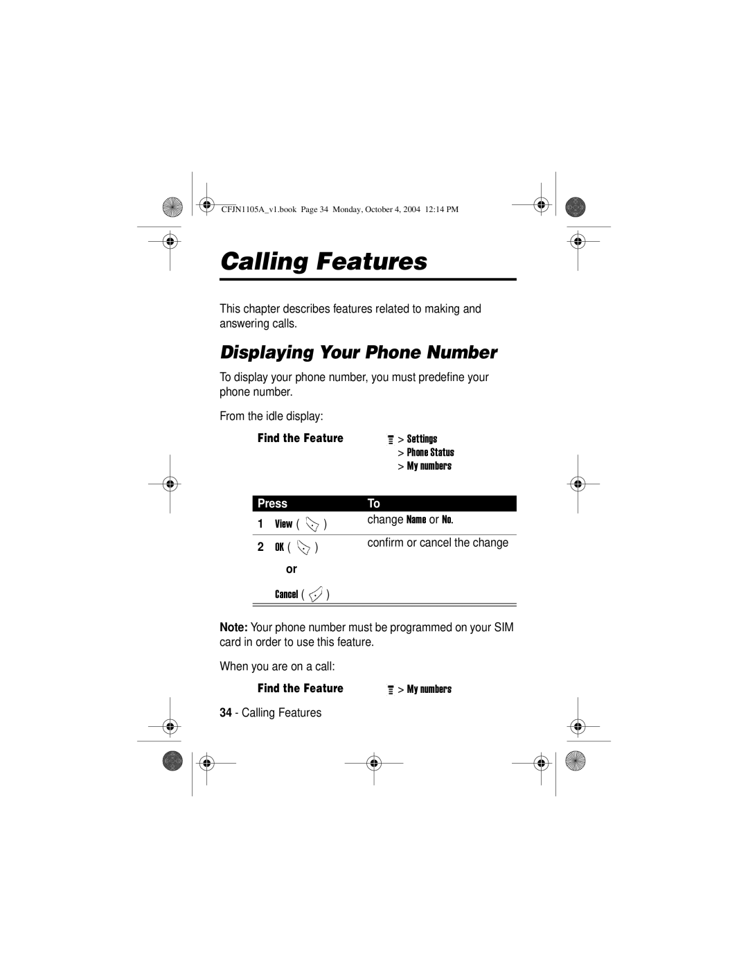 Motorola C156, C155 manual Calling Features, Displaying Your Phone Number 