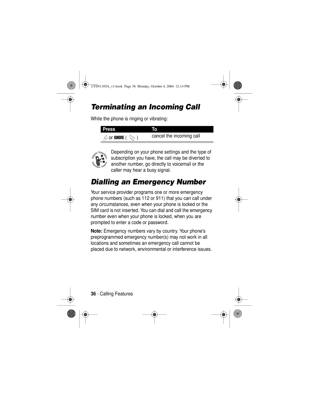 Motorola C156, C155 manual Terminating an Incoming Call, Dialling an Emergency Number 