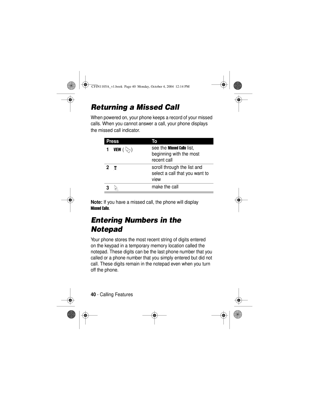 Motorola C156, C155 manual Returning a Missed Call, Entering Numbers 