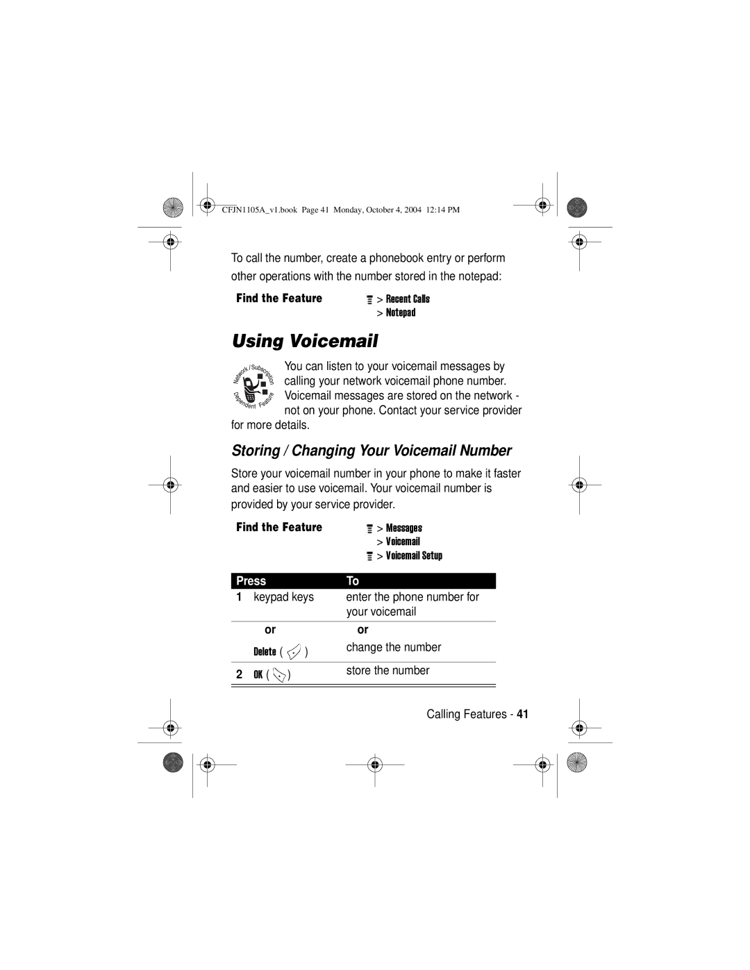 Motorola C155, C156 manual Using Voicemail, Storing / Changing Your Voicemail Number 