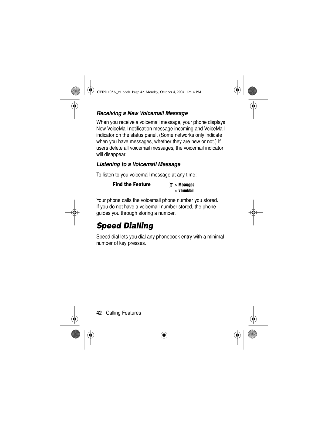 Motorola C156, C155 manual Speed Dialling, Receiving a New Voicemail Message 