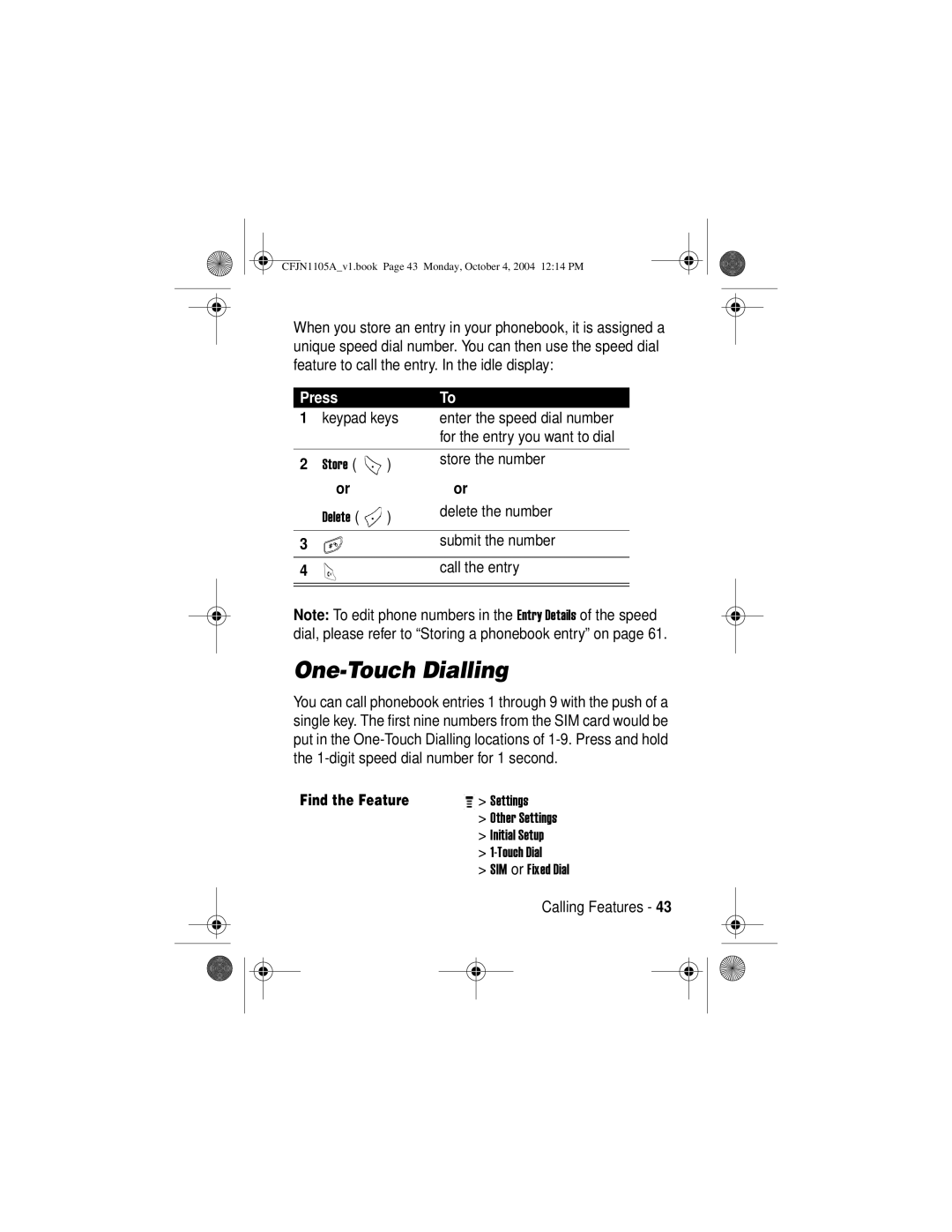 Motorola C155, C156 manual One-Touch Dialling 