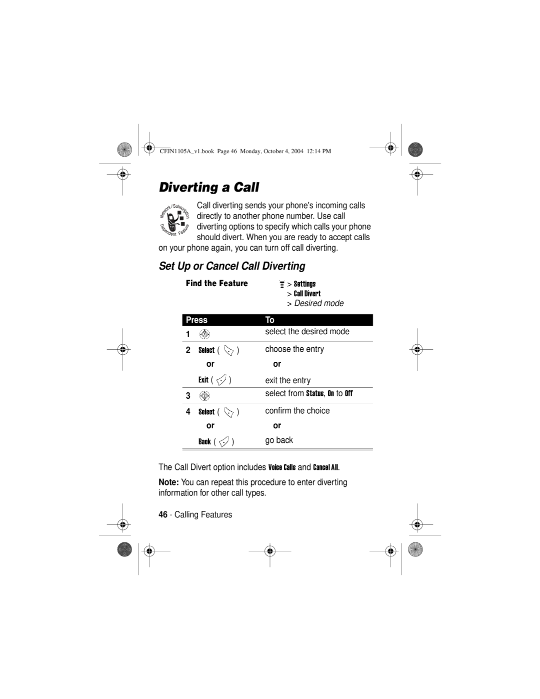 Motorola C156, C155 manual Diverting a Call, Set Up or Cancel Call Diverting 