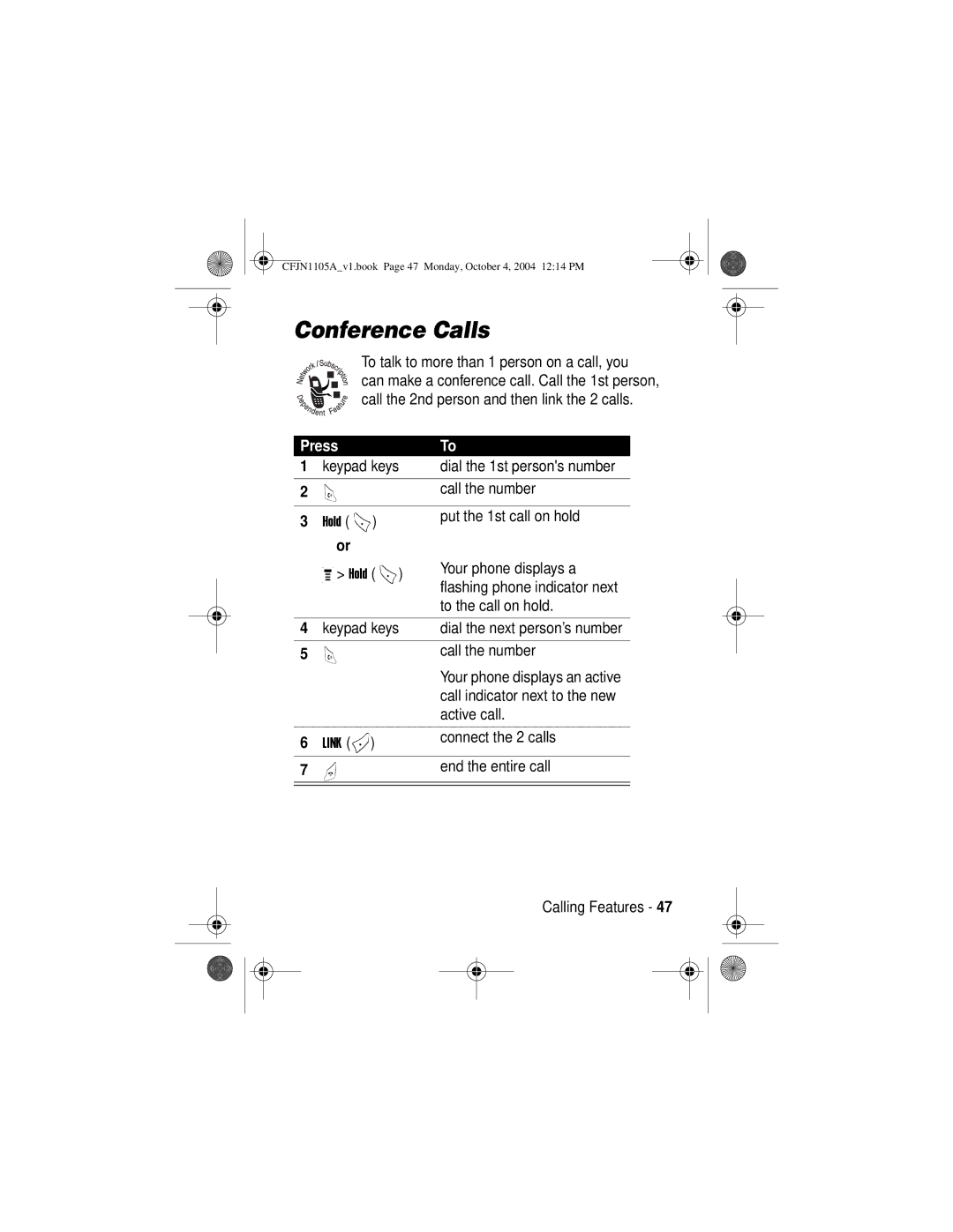 Motorola C155, C156 manual Conference Calls, To talk to more than 1 person on a call, you 