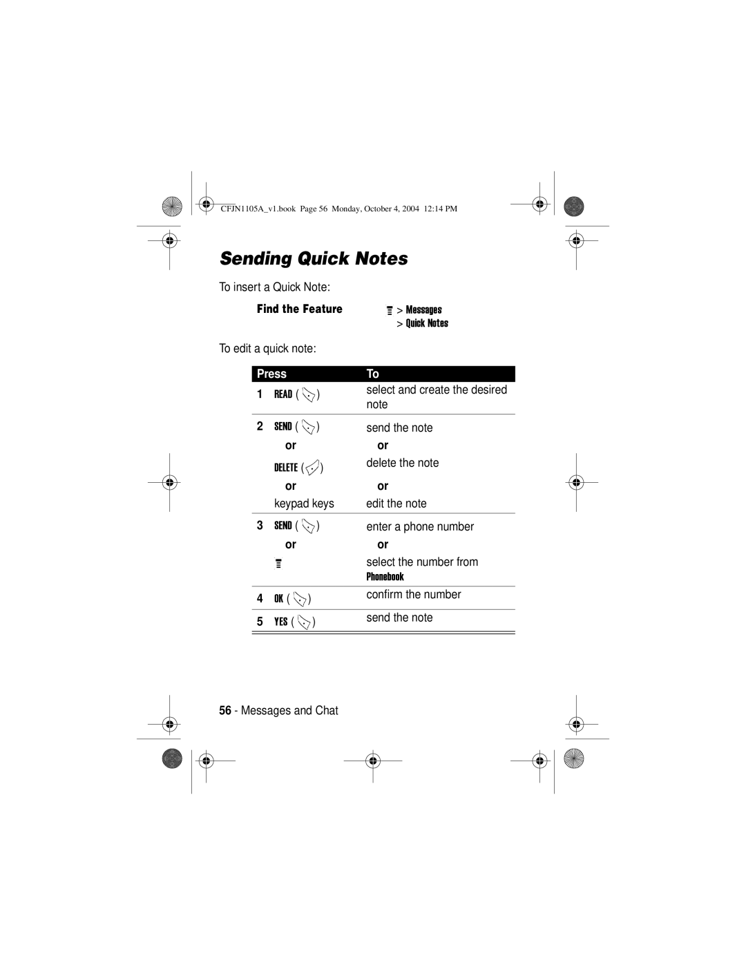 Motorola C156, C155 manual Sending Quick Notes, Press 